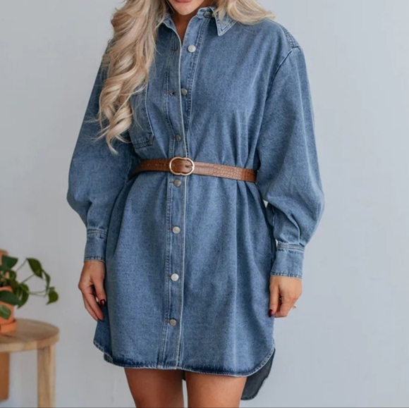 Oversized Denim Boyfriend Pocket Jean Collar Shirt Dress Long Sleeve High-low Mi - Picture 11 of 14